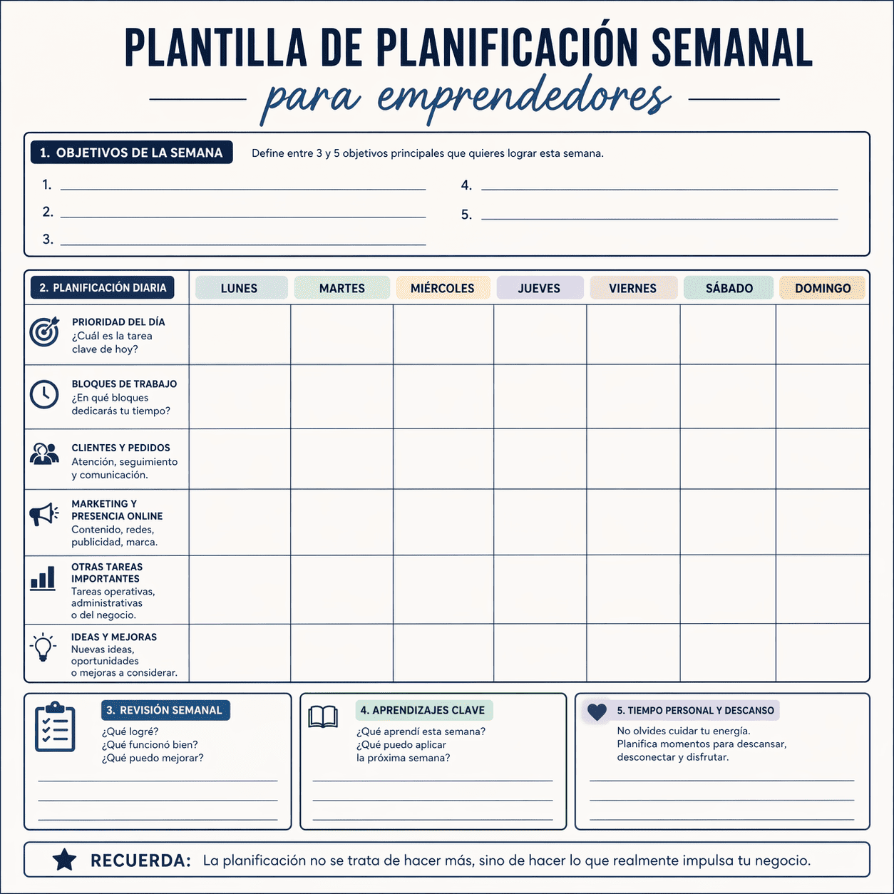 Plantilla de planificación semanal para emprendedores